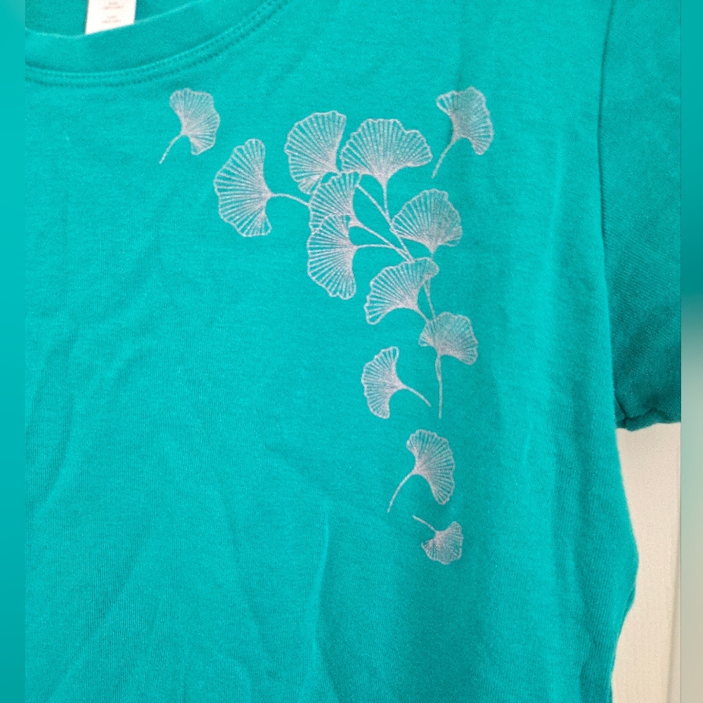 Lucy Activewear Teal Tee With Metalllic Pink Ginko Leaves, XL, Spring, Cotton